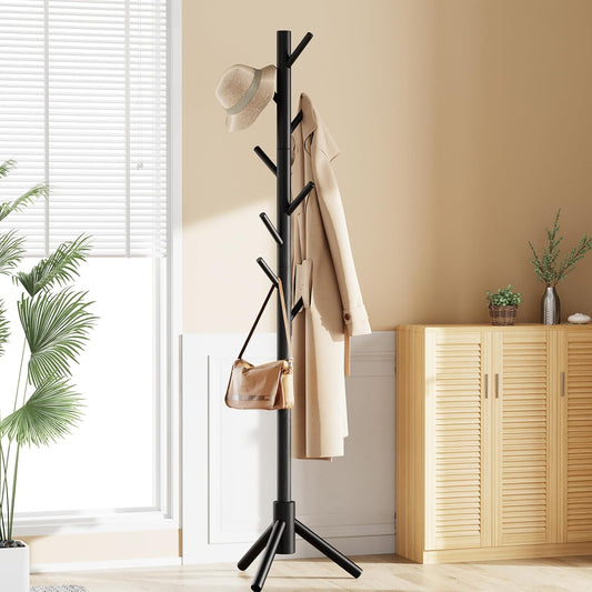 Sturdy Wooden Coat Tree with 8 Hooks, 3 Adjustable Sizes for Clothes, Hat Stand Used in Bedroom/Office/Entryway, Brown