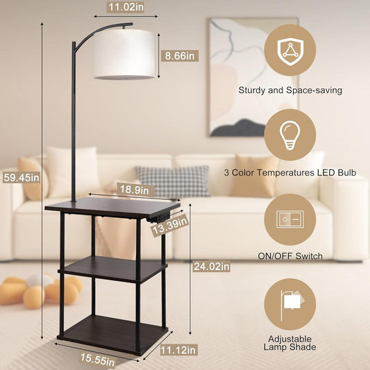 Floor Lamp with Table, End Tables with Charging Station(USB & Type-C & AC Port), 3 Color Temperatures 9W LED Bulb, Modern Shelves Side Table for Bedroom, Living Room