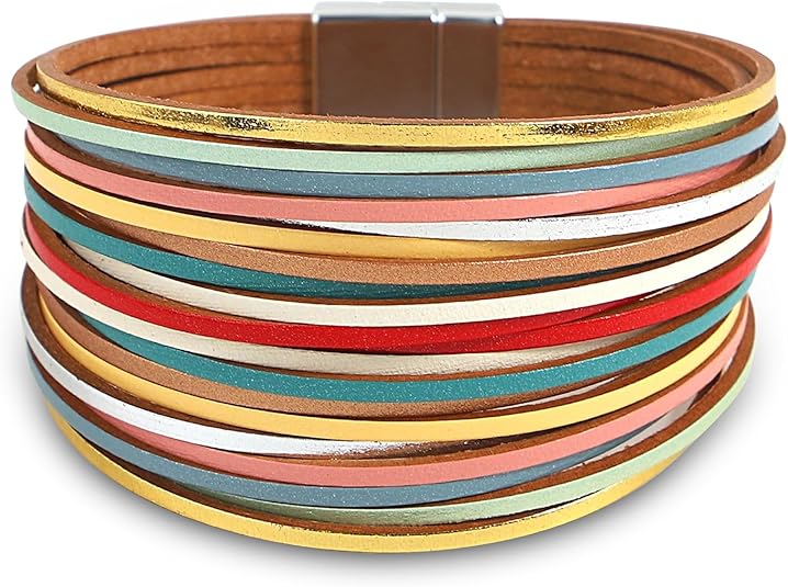 Fesciory Leather Wrap Bracelets for Women, Boho Leopard Multi-Layer Crystal Beads Cuff Bracelet Jewelry