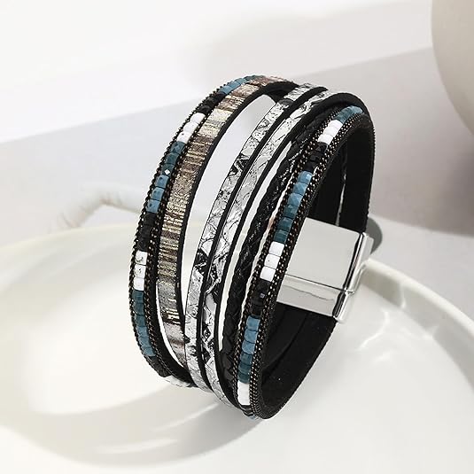 Fesciory Leather Wrap Bracelets for Women, Boho Leopard Multi-Layer Crystal Beads Cuff Bracelet Jewelry