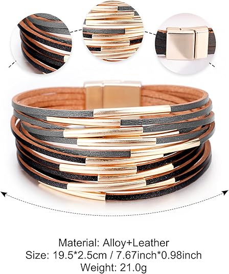 Fesciory Leather Wrap Bracelets for Women, Boho Leopard Multi-Layer Crystal Beads Cuff Bracelet Jewelry