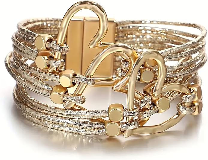 Fesciory Leather Wrap Bracelets for Women, Boho Leopard Multi-Layer Crystal Beads Cuff Bracelet Jewelry