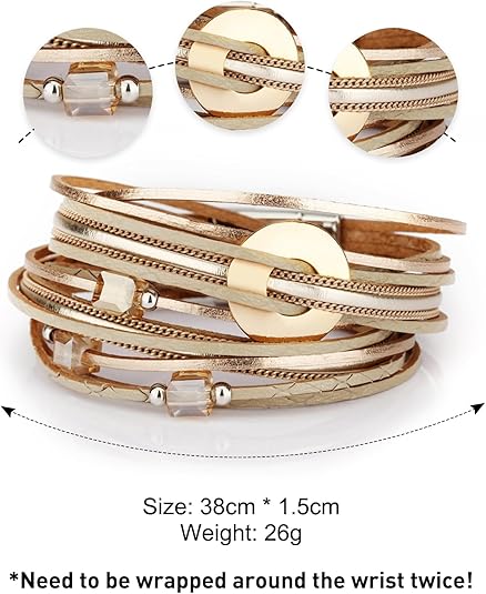 Fesciory Leather Wrap Bracelets for Women, Boho Leopard Multi-Layer Crystal Beads Cuff Bracelet Jewelry