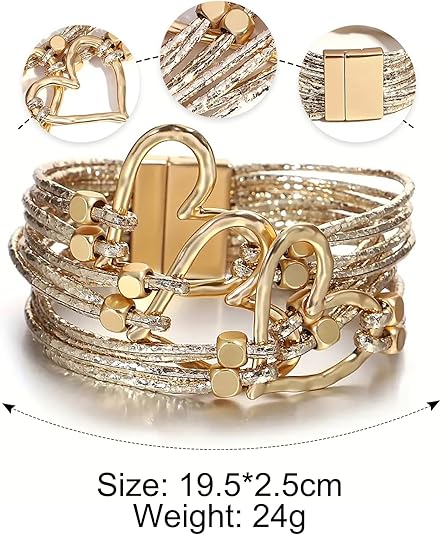 Fesciory Leather Wrap Bracelets for Women, Boho Leopard Multi-Layer Crystal Beads Cuff Bracelet Jewelry