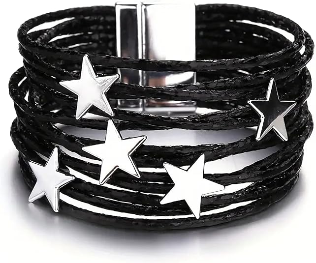 Fesciory Leather Wrap Bracelets for Women, Boho Leopard Multi-Layer Crystal Beads Cuff Bracelet Jewelry