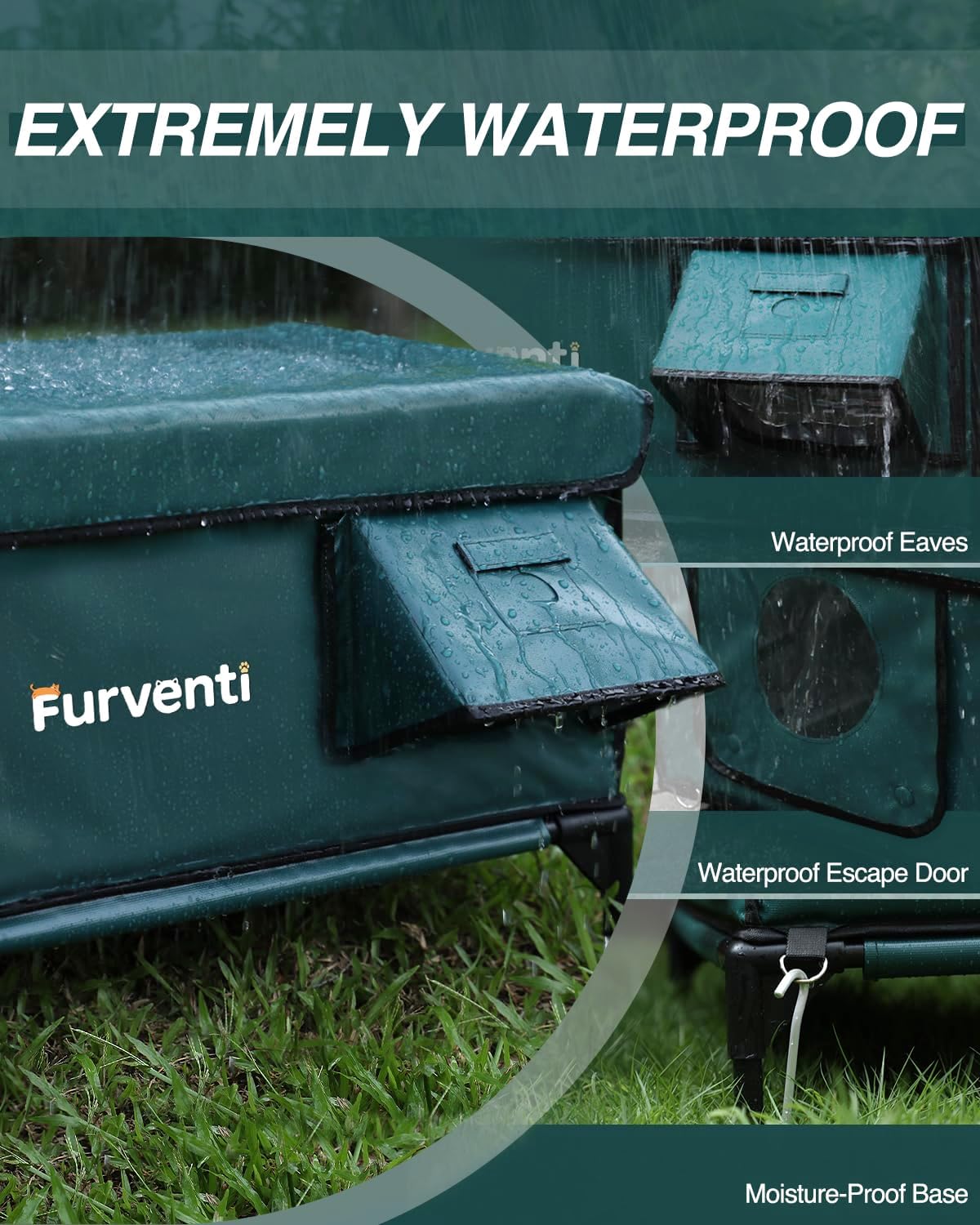 Heated Cat House for Outside,Dual Camera Mounts,100% Weatherproof & Extremely Insulated,Elevated Feral Cat Shelter with Escape Door,Waterproof Eaves for Outdoor Stray Barn Cat(Dark Green,S)