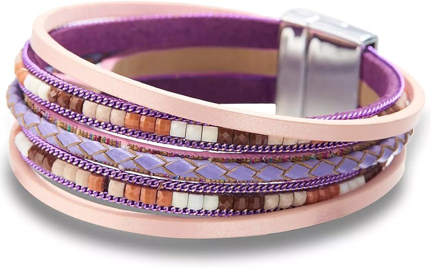 Fesciory Leather Wrap Bracelets for Women, Boho Leopard Multi-Layer Crystal Beads Cuff Bracelet Jewelry