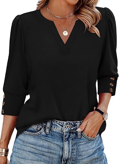 Length Sleeve Womens Tops with Button Cuffs Dressy Casual V Neck Summer Outfits Early Fall Fashion Spring Clothes