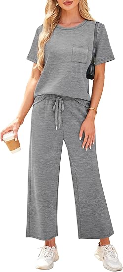 2 Piece Sets for Women Casual Summer Travel Vacation Outfits Short Sleeve Wide Leg Crop Pants Lounge Sets