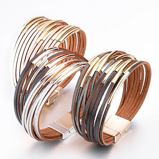 Fesciory Leather Wrap Bracelets for Women, Boho Leopard Multi-Layer Crystal Beads Cuff Bracelet Jewelry