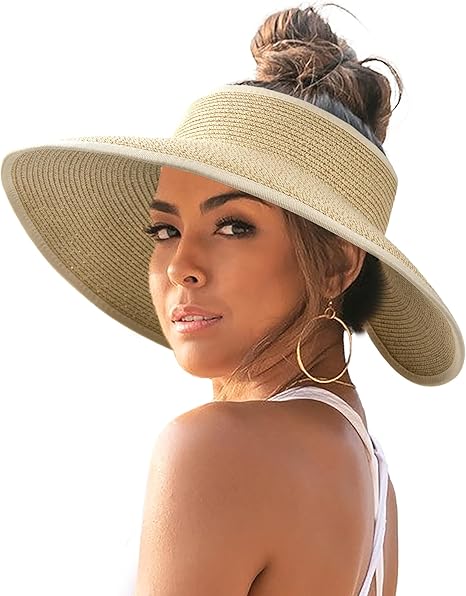 Sun Hats for Women Wide Brim Beach Hat Straw Visor Ponytail Summer UV Packable Foldable Beach Vacation Essentials