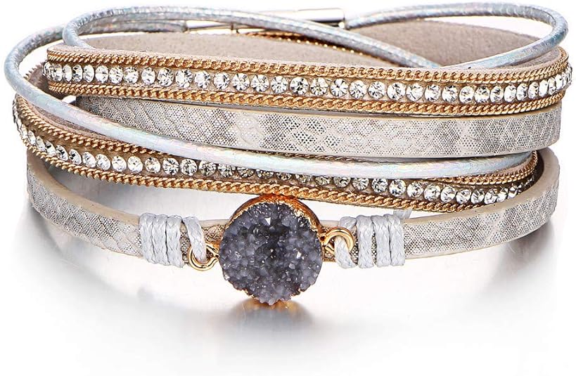 Fesciory Leather Wrap Bracelets for Women, Boho Leopard Multi-Layer Crystal Beads Cuff Bracelet Jewelry