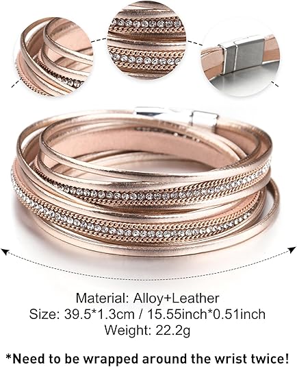 Fesciory Leather Wrap Bracelets for Women, Boho Leopard Multi-Layer Crystal Beads Cuff Bracelet Jewelry