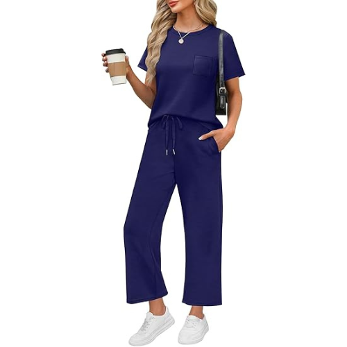 2 Piece Sets for Women Casual Summer Travel Vacation Outfits Short Sleeve Wide Leg Crop Pants Lounge Sets