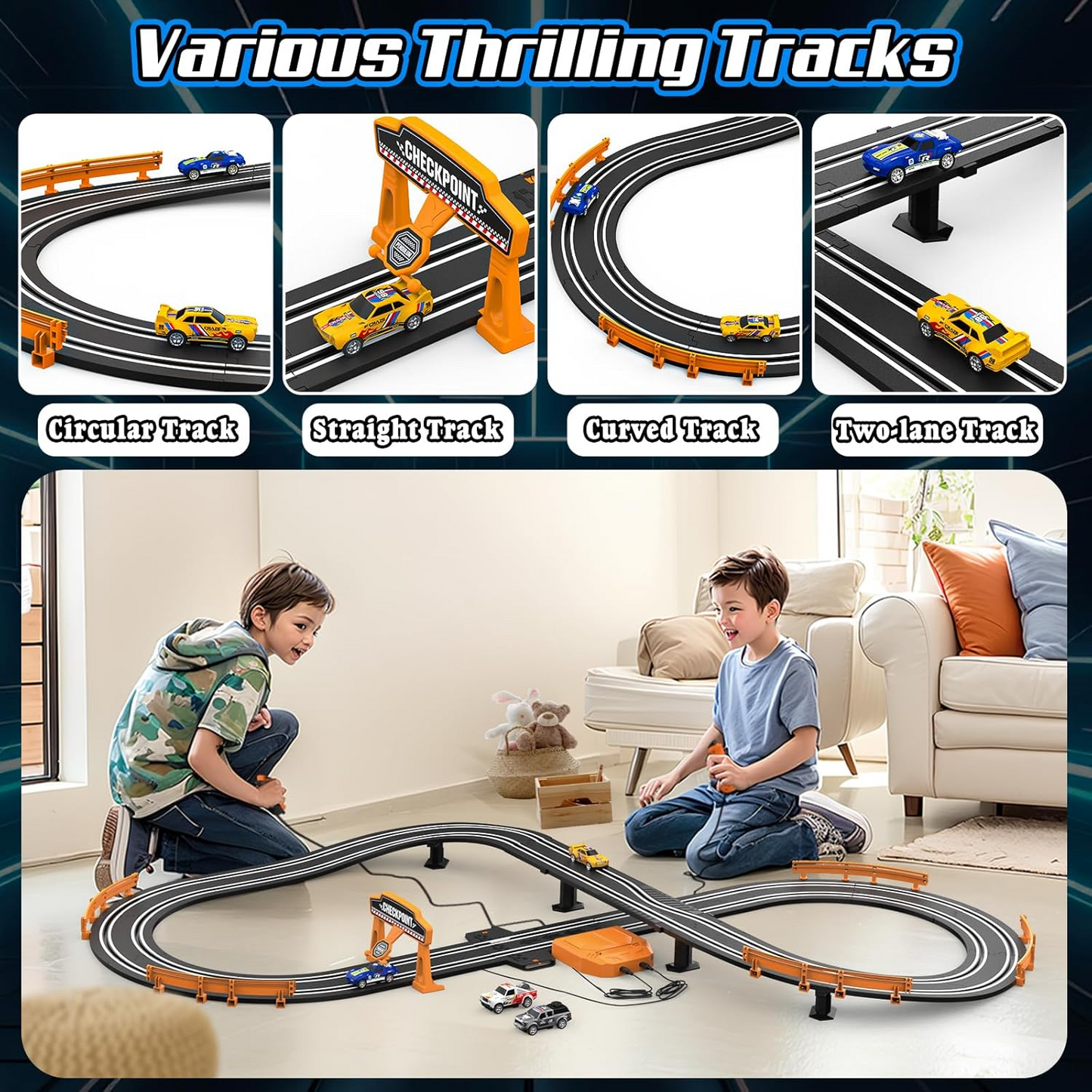 Car Race Track Sets for Boys, Race Car Track with 2 High-Speed Slot Cars, Battery or Electric Car Track, Dual Racing Game Lap Counter Track Sets, Toys Gifts for Boys Girls Ages 4 5 6 7 8-12