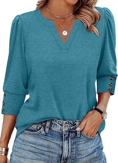 Length Sleeve Womens Tops with Button Cuffs Dressy Casual V Neck Summer Outfits Early Fall Fashion Spring Clothes