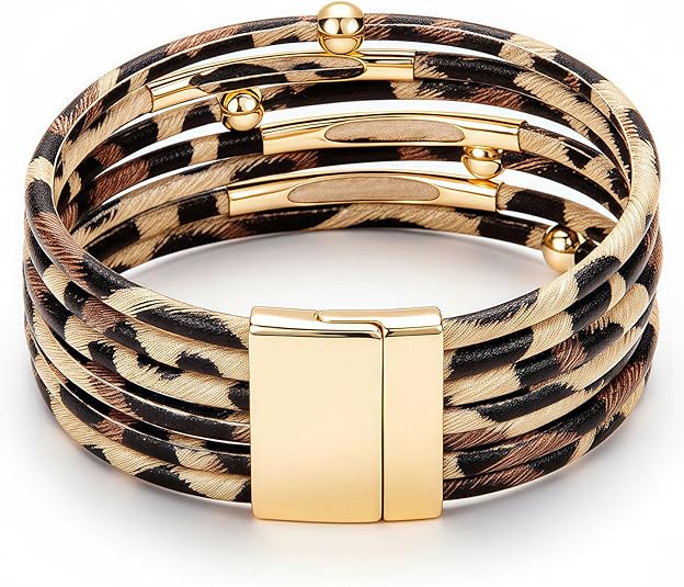 Fesciory Leather Wrap Bracelets for Women, Boho Leopard Multi-Layer Crystal Beads Cuff Bracelet Jewelry