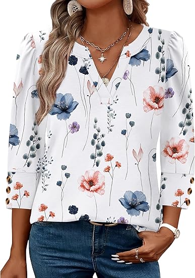 Length Sleeve Womens Tops with Button Cuffs Dressy Casual V Neck Summer Outfits Early Fall Fashion Spring Clothes