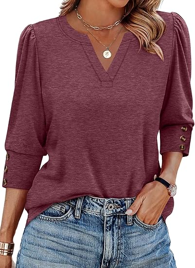 Length Sleeve Womens Tops with Button Cuffs Dressy Casual V Neck Summer Outfits Early Fall Fashion Spring Clothes