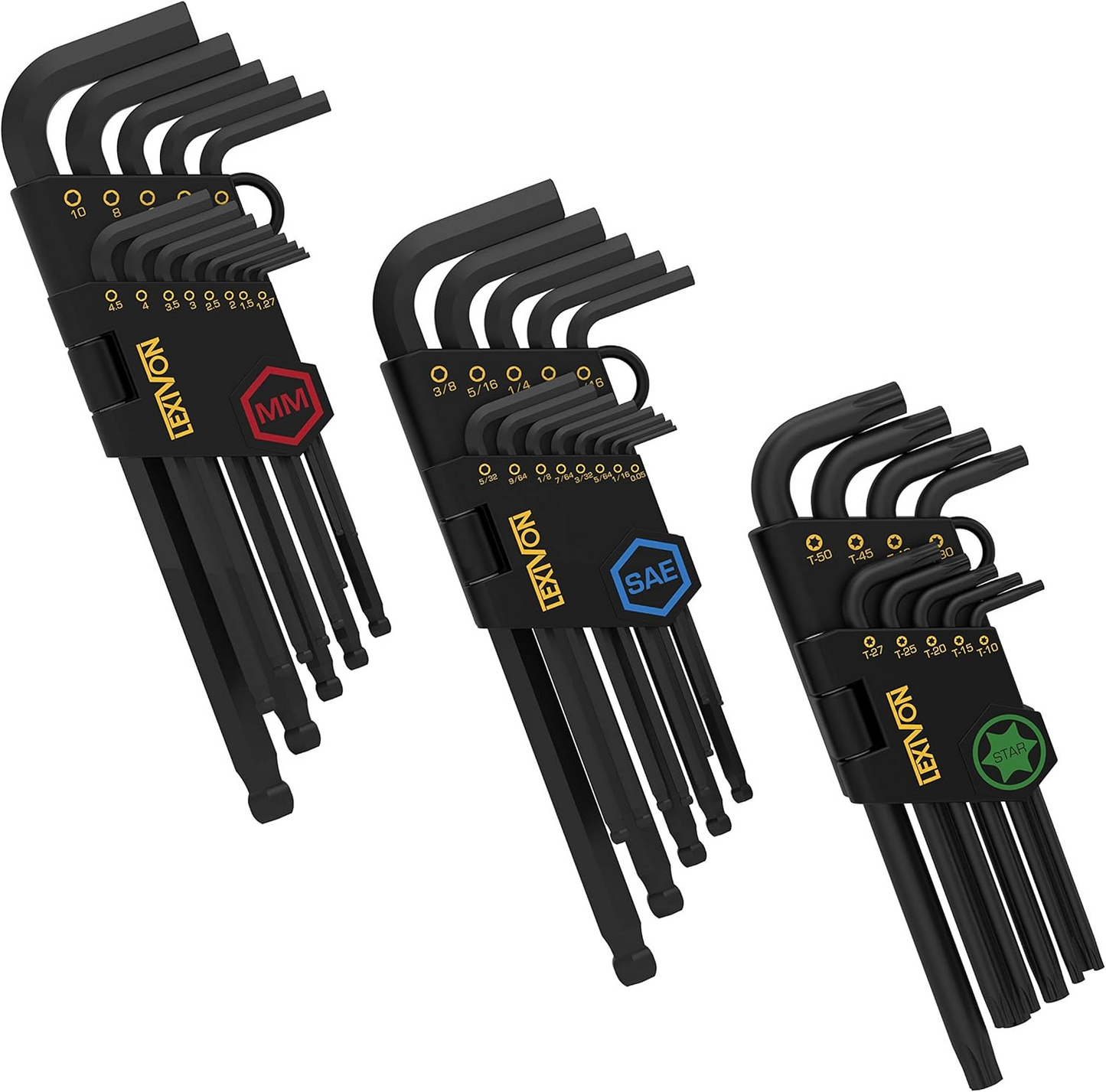 Master Wrench Key Set, 35-Piece Long Arm Ball End Hex Keys | 3-Pack Metric/SAE & Star, Industrial Grade S2 Alloy Steel (LX-131)