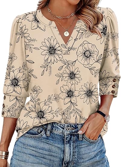 Length Sleeve Womens Tops with Button Cuffs Dressy Casual V Neck Summer Outfits Early Fall Fashion Spring Clothes