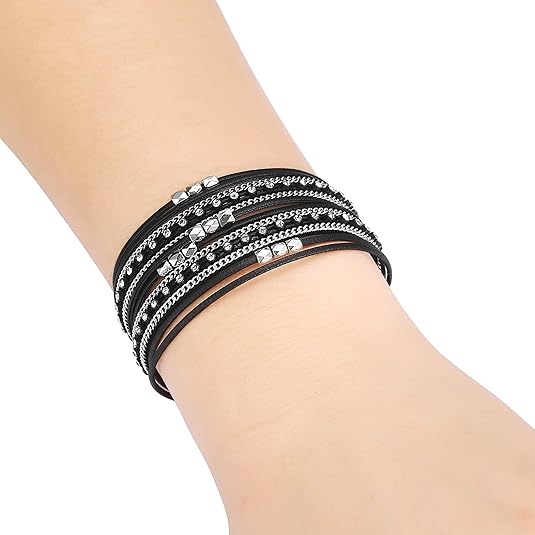 Fesciory Leather Wrap Bracelets for Women, Boho Leopard Multi-Layer Crystal Beads Cuff Bracelet Jewelry