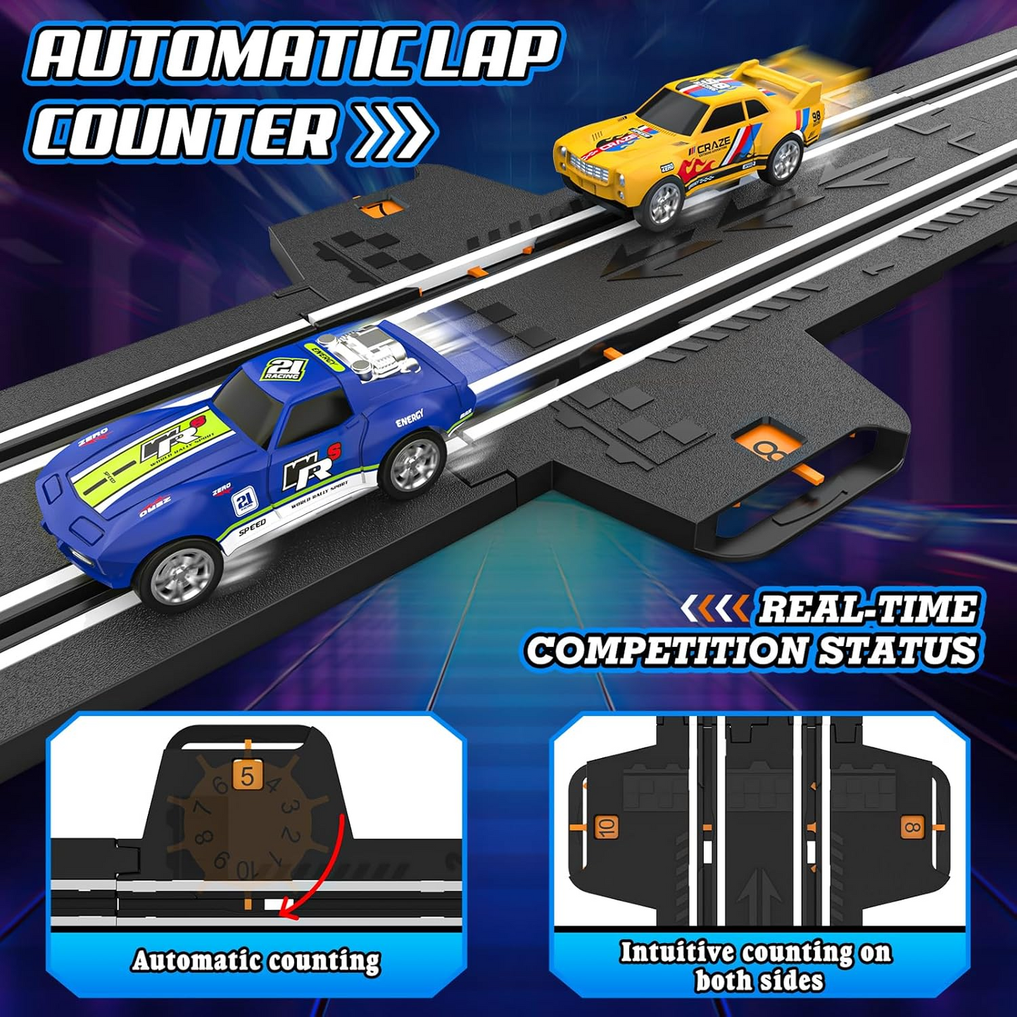 Car Race Track Sets for Boys, Race Car Track with 2 High-Speed Slot Cars, Battery or Electric Car Track, Dual Racing Game Lap Counter Track Sets, Toys Gifts for Boys Girls Ages 4 5 6 7 8-12