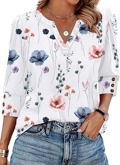 Length Sleeve Womens Tops with Button Cuffs Dressy Casual V Neck Summer Outfits Early Fall Fashion Spring Clothes