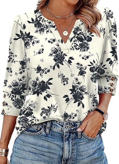 Length Sleeve Womens Tops with Button Cuffs Dressy Casual V Neck Summer Outfits Early Fall Fashion Spring Clothes