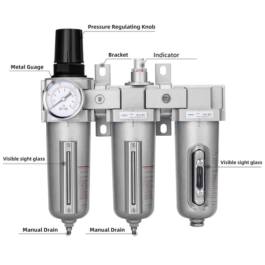 NPT Industrial Grade, Stages Air Drying System - Particulate Filter, Coalescing Filter, Desiccant Dryer & Air Regulator, Metal Bowl, Manual Drain, Suitable for Paint Spray＆ Plasma Cutter