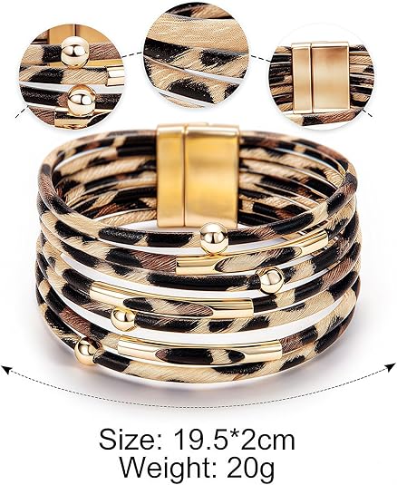 Fesciory Leather Wrap Bracelets for Women, Boho Leopard Multi-Layer Crystal Beads Cuff Bracelet Jewelry