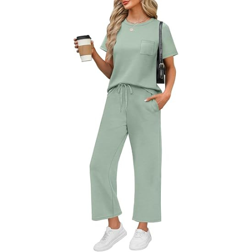 2 Piece Sets for Women Casual Summer Travel Vacation Outfits Short Sleeve Wide Leg Crop Pants Lounge Sets