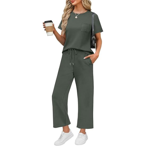 2 Piece Sets for Women Casual Summer Travel Vacation Outfits Short Sleeve Wide Leg Crop Pants Lounge Sets