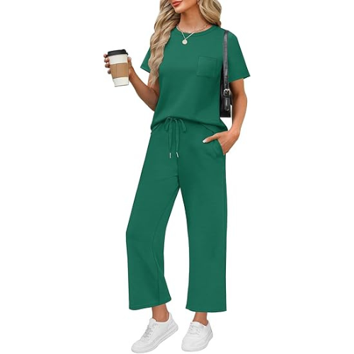 2 Piece Sets for Women Casual Summer Travel Vacation Outfits Short Sleeve Wide Leg Crop Pants Lounge Sets