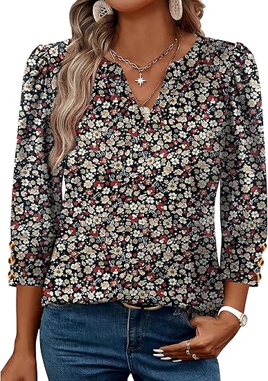Length Sleeve Womens Tops with Button Cuffs Dressy Casual V Neck Summer Outfits Early Fall Fashion Spring Clothes
