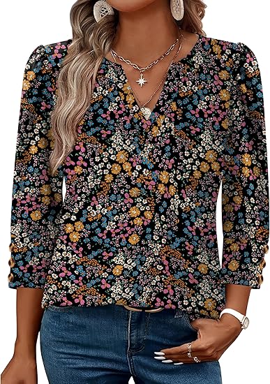 Length Sleeve Womens Tops with Button Cuffs Dressy Casual V Neck Summer Outfits Early Fall Fashion Spring Clothes