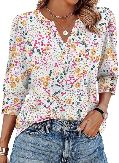 Length Sleeve Womens Tops with Button Cuffs Dressy Casual V Neck Summer Outfits Early Fall Fashion Spring Clothes