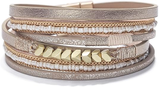 Fesciory Leather Wrap Bracelets for Women, Boho Leopard Multi-Layer Crystal Beads Cuff Bracelet Jewelry