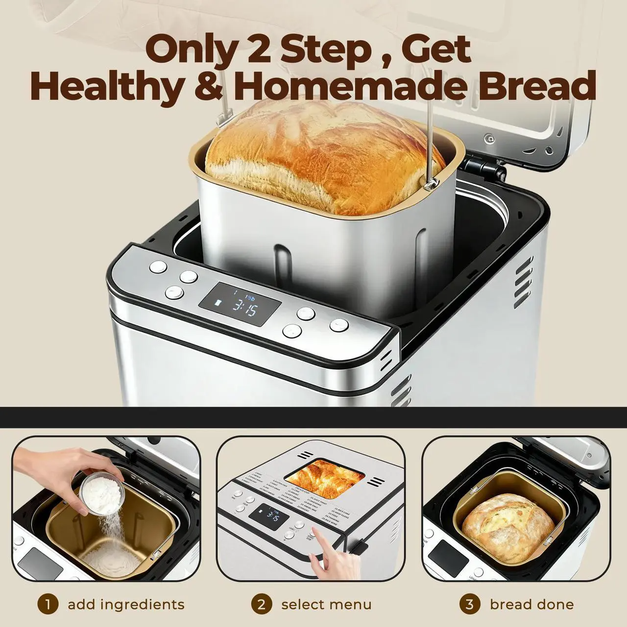 25-in-1 Automatic Bread Maker Machine with 3 Loaf Size up to 2LB, 700W High Power Dual Heater Bread Maker with BPA-free Nonstick Coating Pan, Max 15 Hours Delay Timer, Low Noise - Silver