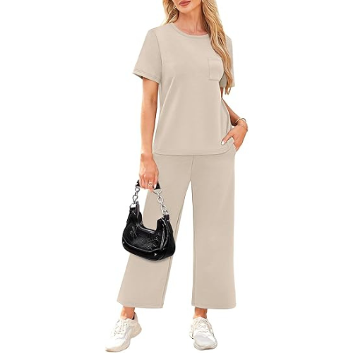2 Piece Sets for Women Casual Summer Travel Vacation Outfits Short Sleeve Wide Leg Crop Pants Lounge Sets